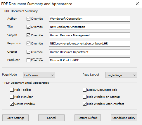 PDF Document Properties, Summary, and Initial Preferences